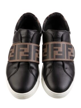 Fendi Black Leather Sneakers with Brown FF Logo Strap and White Sole